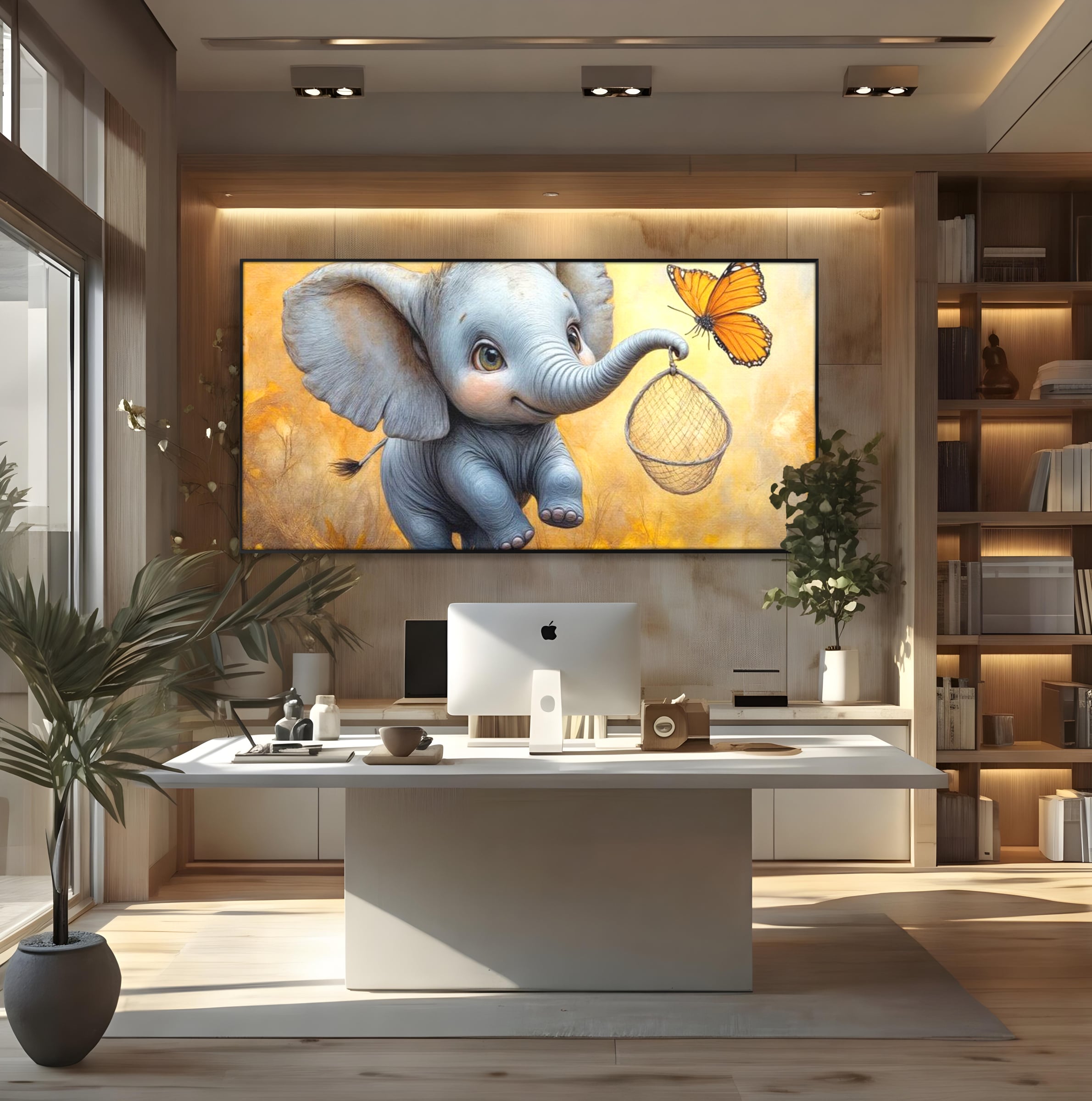 Tablou canvas cu ilustratie cu elefantel si fluture, in rama de aluminiu negru, pe perete intr-un birou